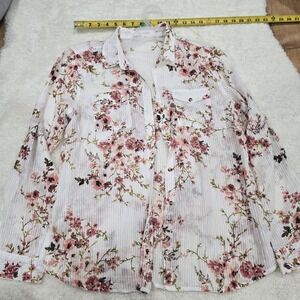 Eden & Olivia Floral Button Down Shirt Large 100% Cotton White Pink Swiss Dot